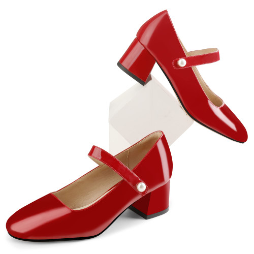 Naiyee Mary Jane Shoes Women Red Chunky Heel Ankle Strap Mary Janes Closed Rounded Toe Heeled Pumps Size 7.5