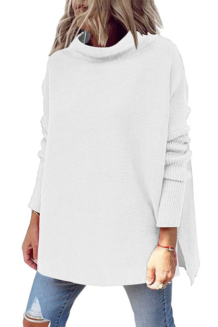 LILLUSORY Women's Mock Turtleneck Casual Oversized Sweater Long Batwing Sleeve Split Hem Ribbed Knit Pullover Tops White