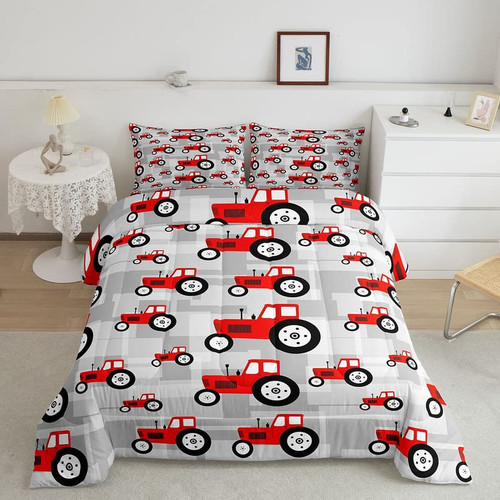 Feelyou Red Tractor Comforter Cartoon Car Comforter Set for Boys Girls Farm Equipment Trucks Bedding Set Construction Car Duvet Set Twin Size Quilt 2Pcs Boys