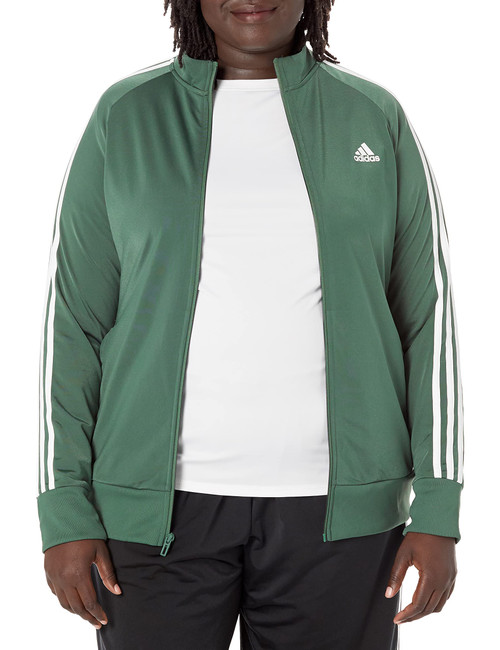adidas Women's Standard Essentials Warm-Up 3-Stripes Track Jacket, Green Oxide/White (Primegreen), 1X