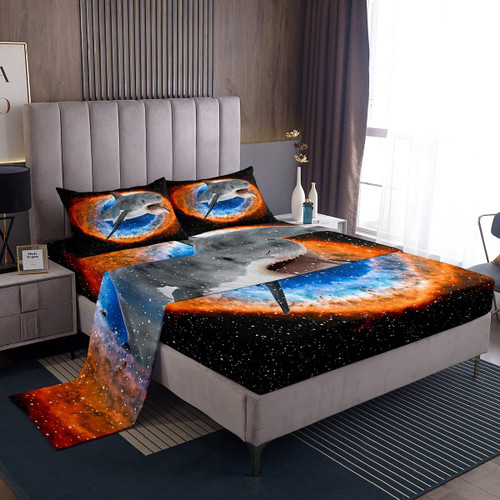 Manfei Kids Shark Sheet Set Twin Size Sea Animal Print Bedding Set for Boys Teens Room Decor, Orange Blue Circle Print Bed Sheet Set 3pcs with Deep Pocket Fitted Sheet + Flat Sheet + 1 Pillowcase