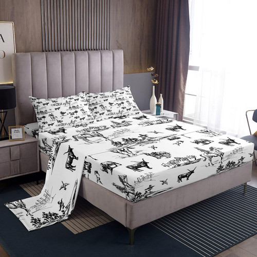 Western Sheet Set Twin Size Sketch Cowboy Cow and Horse Bedding Set 3Pcs Farm Animal Bed Sheet for Kids Boys Girls Adult Room Decor Black White Rustic Farmhouse Fitted + Flat Sheet,1 Pillowcase