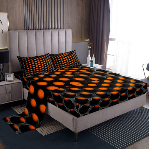 Erosebridal Men Retro Black Orange Bedding Sets Twin,Kids 3D Geometric Hole Bed Sheets Set for Boys Teen Girls,Geometry Honeycomb Sheet Set,Modern Fashion Fitted Sheet + Flat Sheet + 1 Pillow Case
