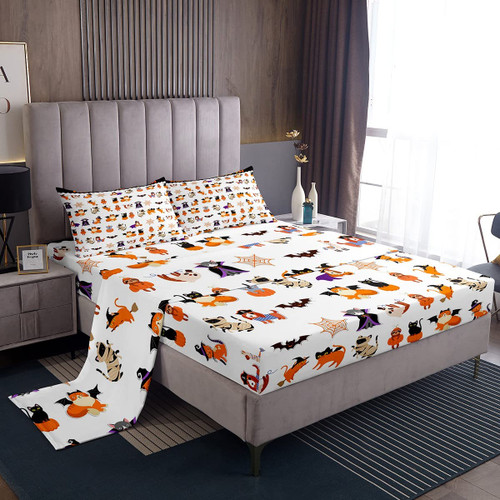 Kids Halloween Animal Bed Sheets Twin Cute Dog Cats Sheet Set Cartoon Sloth Ghost Bedding For Boys Girls,Halloween Bats Spider Web Pumpkin Fitted Sheet Orange Black White Flat Sheet 1 Pillow Case