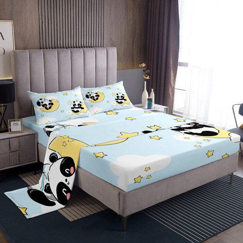 Erosebridal Cute Panda Sheets Cartoon Panda Twin Sheet Set for Kids Boys Girls Kawaii Animal Theme Bed Sheets Set Lovely Panda with Moon Stars Bed Set Blue, 1 Fitted Sheet 1 Top Sheet 1 Pillowcase