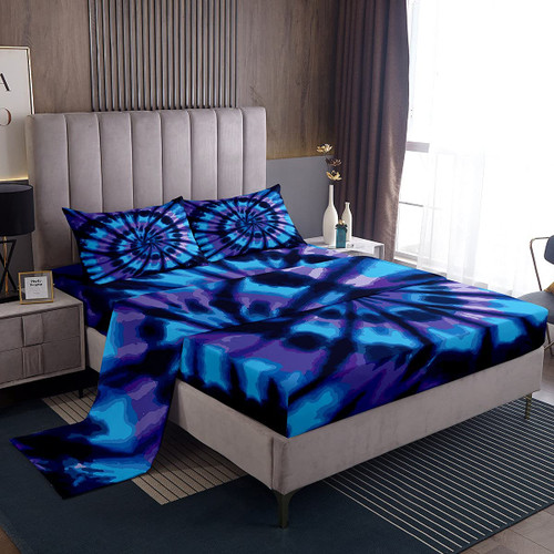 Feelyou Tie Dye Bed Sheets Boho Psychedelic Sheet Set Blue Bohemian Gypsy Fitted Sheet 3 Piece Bedding Includes 1 Bed Sheet, 1 Flat Sheet, 1 Pillowcase (Twin)