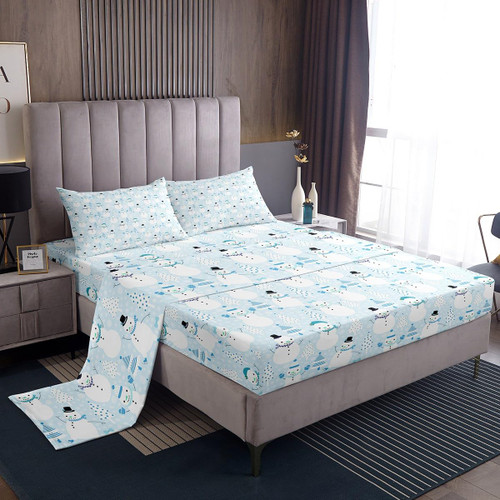 Snowman Christmas Tree Bed Sheet Set Twin Size,Merry Christmas Sheet Set Kids Teens,Boho Light Blue Cartoon Style Bedding Decor Set with 1 Flat & 1 Fitted Sheet with 1 Pillow Sham