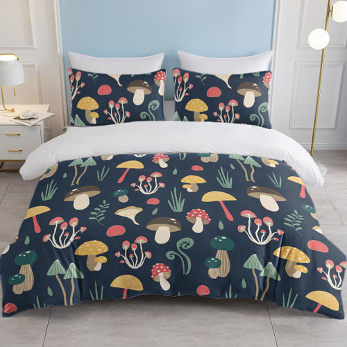 SOULZZZ 3PCS Trippy Mushroom Bedding Set, Colorful Mushroom Dark Blue Duvet Cover Full, Botanical Aesthetic Retro Mushroom Comforter Set 1 Duvet Cover and 2 Pillow Shams