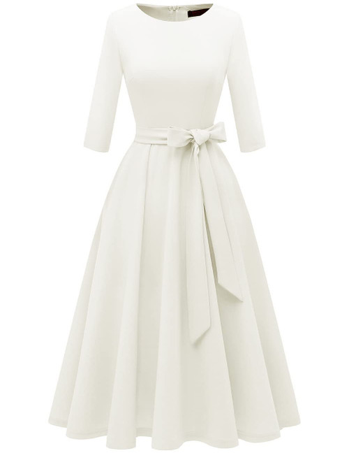 DRESSTELLS Vintage Tea Dress for Women, 1950s Cocktail Party Dresses, Modest Bridesmaid Dress for Wedding Guest, 3/4 Sleeve Formal Aline Church Dress, Fit Flare Prom Dress White XL