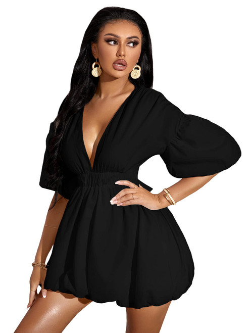 WDIRARA Women's Deep V Neck Puff Sleeve High Rise Flare Dress Elastic Waist Dress Black L WDIRARA Women's Deep V Neck Puff Sleeve High Rise Flare Dress Elastic Waist Dress Black L
