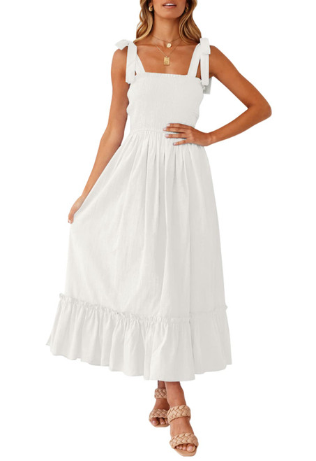 ZESICA Women's 2023 Summer Boho Spaghetti Strap Square Neck Solid Color Ruffle A Line Beach Long Maxi Dress,White,Large