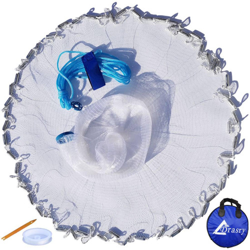 Drasry Saltwater American Fishing Cast Net 3/8inch Mesh Size for Bait Shrimp Trap Fish Heavy Duty Sinkers Throw Net 3FT/4FT/5FT/6FT/7FT/8FT/9FT/10FT Radius 9FT Radius