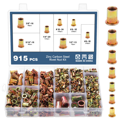 OCR 915pcs Rivet Nuts Kit, SAE UNC Rivet Nuts Assortment, Zinc Plated Carbon Steel Nut Inserts Rivnuts Nutserts Kit, Sizes 6#-32, 8#-32, 10#-24, 1/4"-20, 5/16"-18, 3/8"-16, 1/2"-13