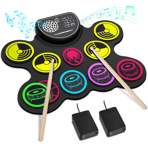 Electronic Drum Set, 10 Pads Roll-Up Drum Practice Pad Drum Kit with Headphone Jack Built-in Speaker Foot Pedals Drum Sticks,Great Christmas Birthday Holiday Gift for Kids Adult