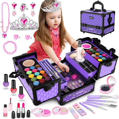 Hollyhi 62Pcs Kids Makeup Kit for Girl, Washable Play Makeup Toys Set for Dress Up, Beauty Vanity Set with Cosmetic Case Birthday Toys for Girls 3 4 5 6 7 8 9 10 11 12 Year Old Kids Toddlers (Purple)