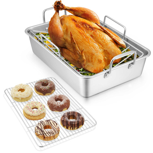 Roasting Pan with Rack Set of 3(Deep Broiling Pan & V-shaped Rack & Flat Cooling Rack), Herogo 14 Inch Stainless Steel Turkey Roaster Pan for Thanksgiving Christmas, Dishwasher Safe Roasting Pan with Rack Set of 3(Deep Broiling Pan & V-shaped Rack & Flat Cooling Rack), Herogo 14 Inch Stainless Steel Turkey Roaster Pan for Thanksgiving Christmas, Dishwasher Safe