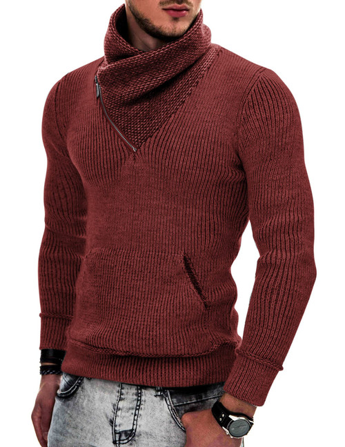 COOFANDY Men Turtleneck Sweater Long Sleeve Cable Knit Jumpers Knit Pullover Sweater Wine Red