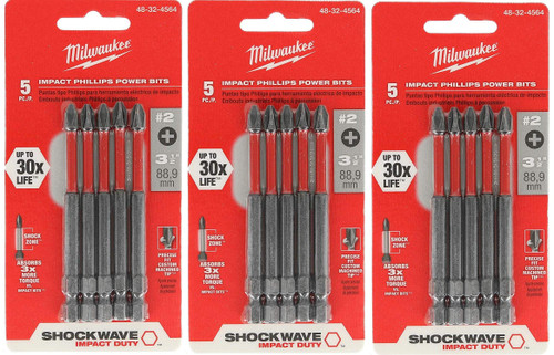 MILWAUKEE ELECTRIC TOOL 48-32-4564 Shockwave 3-1/2" Power Bit Phillips #2, 15 Pack (3)