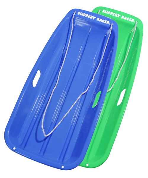 Slippery Racer Downhill Sprinter Flexible Kids Toddler Plastic Toboggan Snow Sled with Pull Rope for 1 Adult or Kid Rider (2 Pack) (Blue/Green)