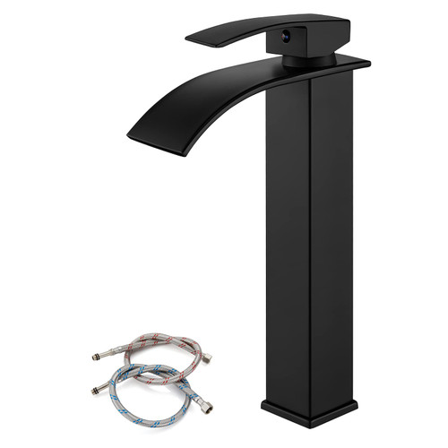 Matte Black Vessel Sink Faucet for Bathroom Sink 1 Hole Tall Waterfall Spout Deck Mount Bathroom Stainless Steel 304 Bowl Basin Single Hole Single Handle Mixer Tap with Supply Line