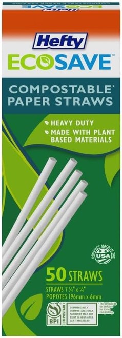 Hefty ECOSAVE 100% Compostable Paper Straws 50 Count (Pack of 10)