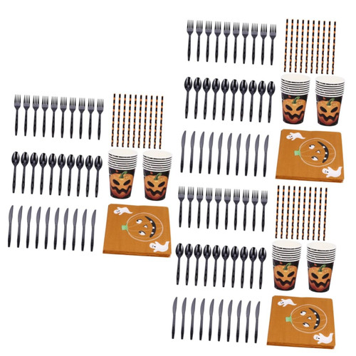 Gadpiparty 3 Sets tableware Halloween party straws Halloween Party Supplies Halloween paper Napkins Halloween paper cups Halloween party Dinnerware Disposable cutlery spoon plastic