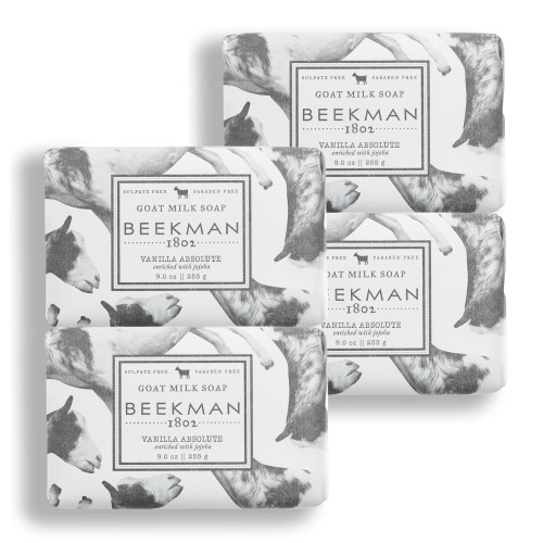 Beekman 1802 Goat Milk Body Soap Bar, Vanilla Absolute - Scented - 9 oz, Pack of 4 - Nourishes, Moisturizes & Hydrates - 100% Vegetable Soap with Lactic Acid - Good for Sensitive Skin - Cruelty Free