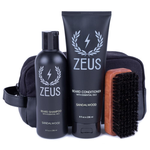 ZEUS Starter Beard Wash Kit with Travel Toiletry Dopp Bag - Beard Wash Shampoo & Conditioner, Beard Brush & Travel Toiletry Bag (Sandalwood)