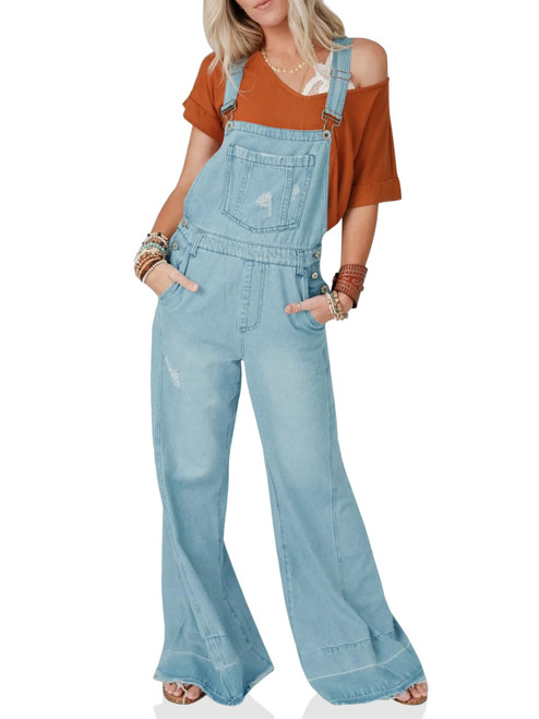 Tongmingyun Women's Loose Denim Overalls Baggy Adjustable Strap Distressed Wide Leg flare Jeans Jumpsuits