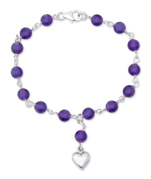 NOVICA Handmade .925 Sterling Silver Heart Bracelet Quartz Purple Beaded Thailand Birthstone 'Purple Love'