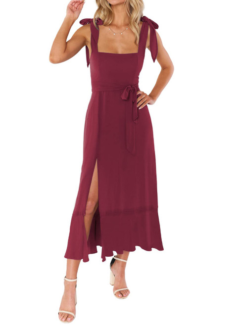 Halfword Midi Wedding Guest Dresses for Women Square Neck Dress Sleeveless Tie Strap Slit Ruffle Flowy Midi Dress Wine Red S