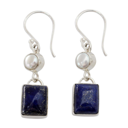 NOVICA Handmade .925 Sterling Silver Lapis Lazuli Cultured Freshwater Pearl Dangle Earrings with White Cultured Freshwater Pearls Blue India Snorkel Birthstone NOVICA Handmade .925 Sterling Silver Lapis Lazuli Cultured Freshwater Pearl Dangle Earrings with White Cultured Freshwater Pearls Blue India Snorkel Birthstone