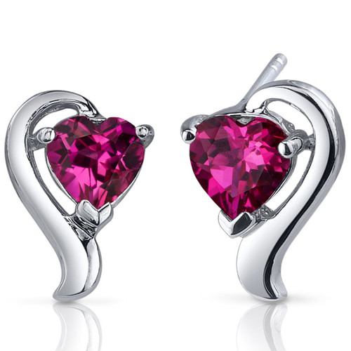 Peora Created Ruby Earrings Studs in Sterling Silver, Angels Wing Heart Shape, 2 Carats total, Friction Backs