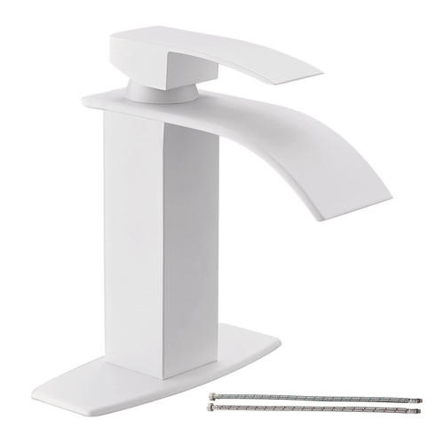 Hoimpro Waterfall Spout White Bathroom Faucet,Single Handle Bathroom Vanity Sink Faucet, Rv Lavatory Vessel Faucet Basin Mixer Tap with Deck Plate, Solid Brass (One or 3 Hole)/ White