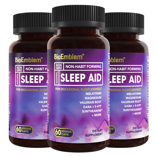 BioEmblem Natural Sleep Aid for Adults with Melatonin, Valerian Root, Suntheanine & More | Healthy Sleep Supplement | Herbal Sleeping Pills | 60 Capsules, 3 Pack