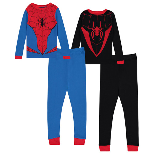 Marvel Boys Spiderman Pajamas Set - 4 Piece Long Sleeve Spiderman Pajamas - Spiderman, Miles Morales Pajamas Set (Red Blue Black, 4)