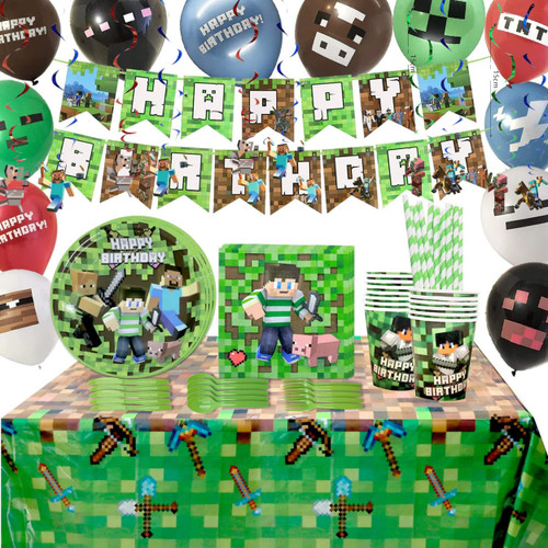Pixel Game Birthday Party Supplies - 174 PCs - Includes Happy Birthday Banner, Tablecloth, Balloons, Plates, Cups, Napkins, Straws, Forks, Spoons, Knives, Hanging Swirls