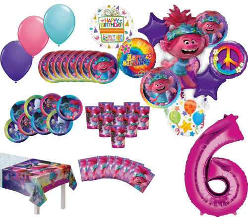 Trolls World Tour Party Supplies 6th Birthday 8 Guest Table Decorations and Poppy Balloon Bouquet