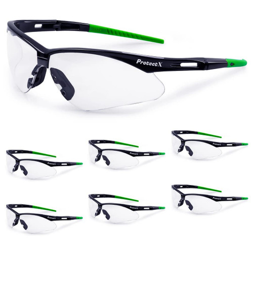 ProtectX Safety Glasses Scratch Resistant Anti Fog Polycarbonate Lenses ANSI Z87.1 Rated with UV Protection Superlight Evergreen Clear 6 PK