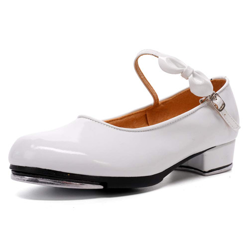 HIPPOSEUS Girls White Tap Dance Shoe for Beginner Mary/Jane Dancing Shoes for Tap Danceing with Bow,1 Little Child