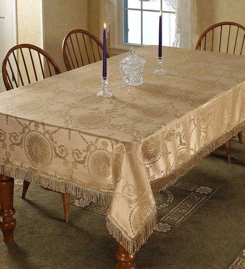 Violet Linen Prestige Damask Design Tablecloth Gold 60" by 120" Oblong/Rectangle