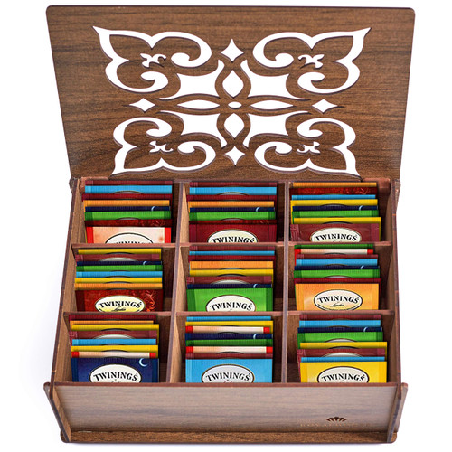 Twinings Tea Bags Sampler Assortment in Wooden Tea Box Organizer Perfect Variety Pack in Wood (MDF) Gift Box (80 Count) 16 Flavors Gifts for Family Friends Coworkers (Walnut)