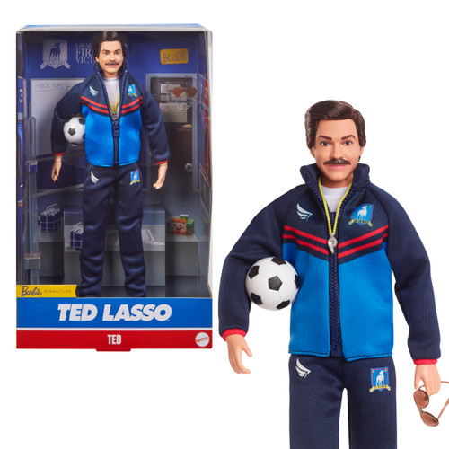 Barbie Signature Doll, Ted Lasso Wearing Iconic Blue AFC Richmond Tracksuit with Aviators, Collectible with Displayable Packaging