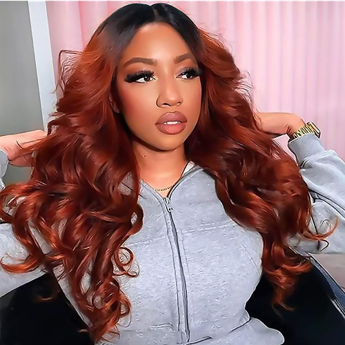 Estilar 1B/350 Lace Front Wigs 13x4x1 T Part Lace Frontal Wig Transparent Synthetic Wigs for Black Women Long Ombre Copper Red Wig with Dark Roots Wig Colored Body Wave Lace Front Wig Hair 26 Inch