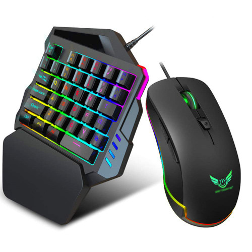 Carrefy One Handed Mechanical Gaming Keyboard & Mouse Combo, Mini USB Wired Gaming Keypad & RGB LED Backlit Mouse, for LOL/Dota, 35 Keys & Blue Switches