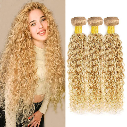 P27/613 Honey Blonde Human Hair Bundles Ombre Bundles Human Hair P27/613 Highlight Kinky Curly Bundles 8 10 12 inch Double Weft Wet And Wavy Bundles Brazilian Virgin Hair Extensions
