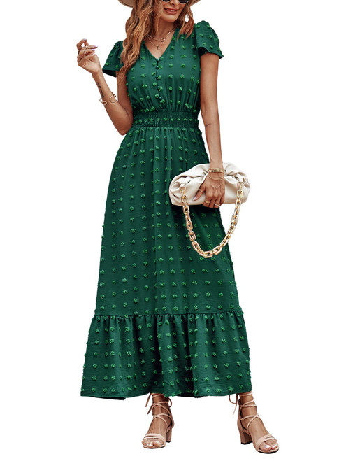 PRETTYGARDEN Womens Boho Short Sleeve V Neck Ruffle Tiered Maxi Dress Swiss Dot Smocked Dress Beach Long Dress (Medium, Dark Green)