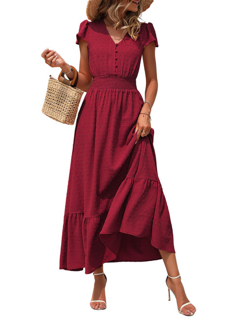 PRETTYGARDEN Womens Summer Flowy Boho Maxi Dress Short Sleeve Swiss Dot Long Dress V Neck Smocked Waist Beach Party Sundress (Red, Small)