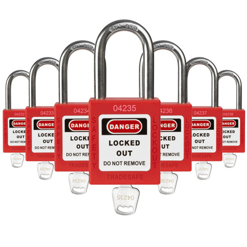 TRADESAFE Lockout Tagout Locks Set - 7 Red Loto Locks, Lockout Locks Keyed Different, 1 Key Per Lock, OSHA Compliant Lock Out Tag Out Padlocks, Safety Padlocks for Electrical Lockout Tag Out Kits