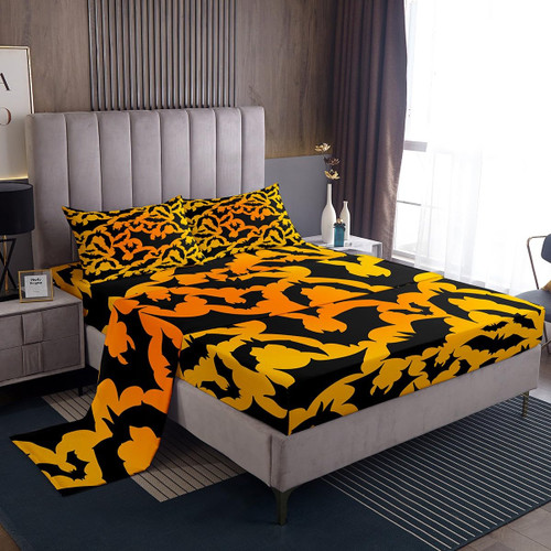 Castle Fairy Halloween Themed Bed Sheet Set for Boys Girls,Black Bats Animal Print Bed Sheet Set Full Size Bedding Set,Watercolor Yellow Orange Fitted Sheet and 1 Flat, 2 Pillow Sham